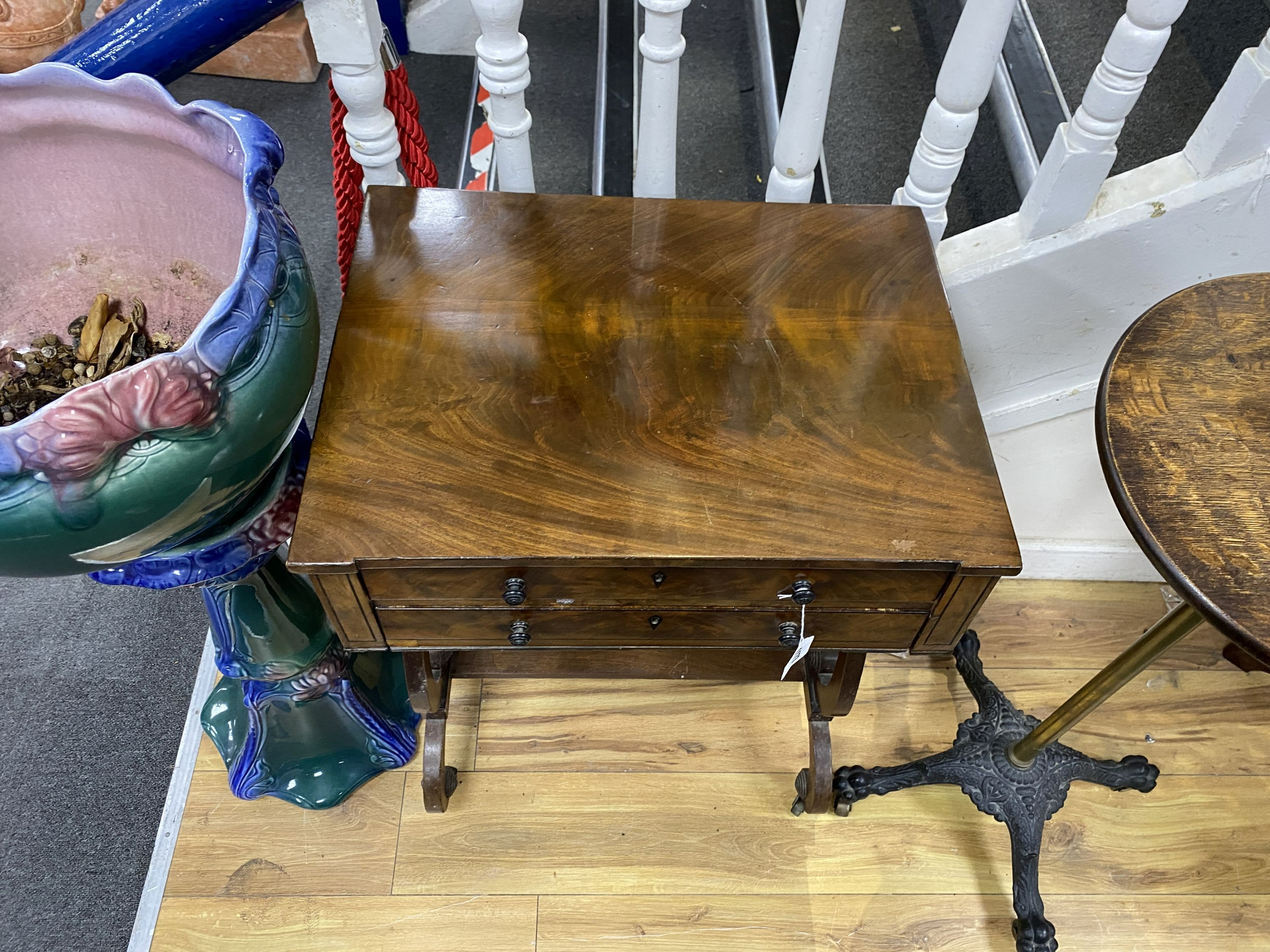 A Regency style mahogany lyre end work table, width 54cm, depth 41cm, height 74cm